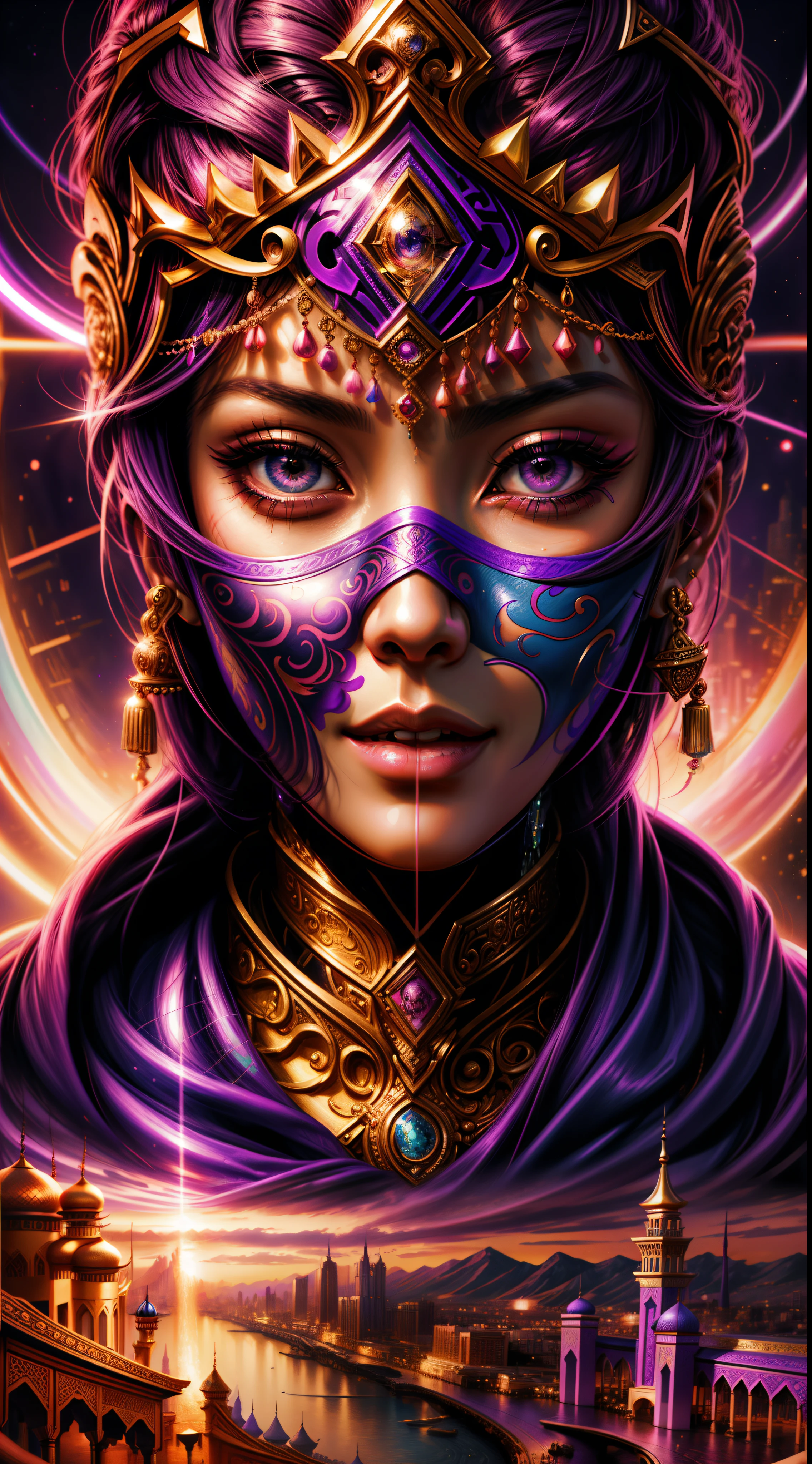 Uma mulher usando máscara e cabelo roxo está em frente a um pôr do sol, inspirado em Magali Villeneuve, Rosto Oriental, pintura de personagem bonita, Estilo de arte oriental, arte árabe, 8k arte detalhada de alta qualidade, retrato de arte de fantasia épica, arte de personagem épica e requintada, rosto real e ameaçador, rosto detalhado de uma mulher árabe, artista gráfica Magali Villeneuve