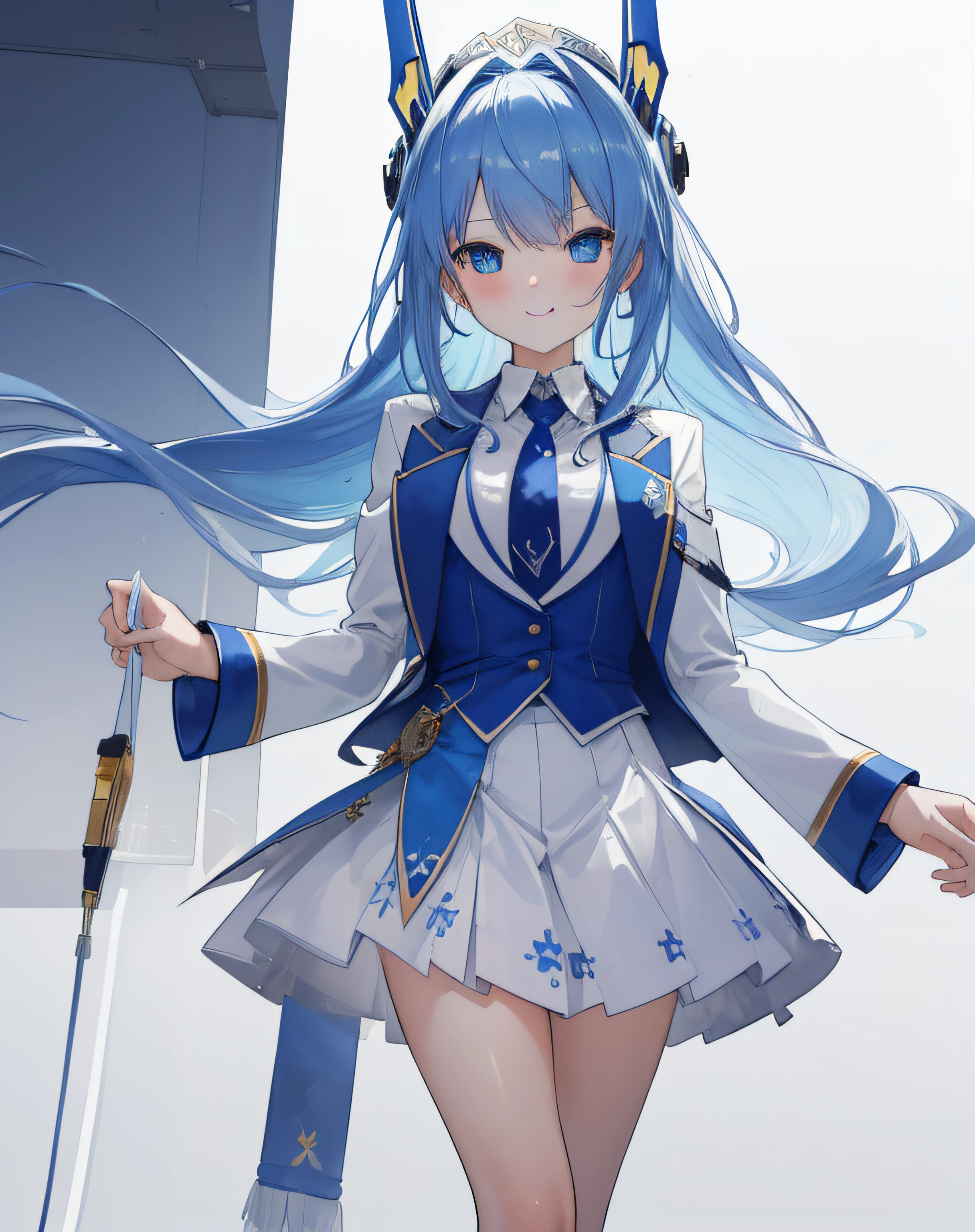 (masterpiece:1.5), (best quality:1.5), 3dmm,highres, highly detailed,3DG,1girl, big blue eyes, long blue hair, white headgear, smiling, looking at viewer, skirt suit (((three-piece suit))), blazer, waistcoat, necktie, bodycon skirt, 3d rendering, octane rendering, subsurface scattering skin, soft and bright lighting, clear focus, clean background, perfect face, perfect eyes,