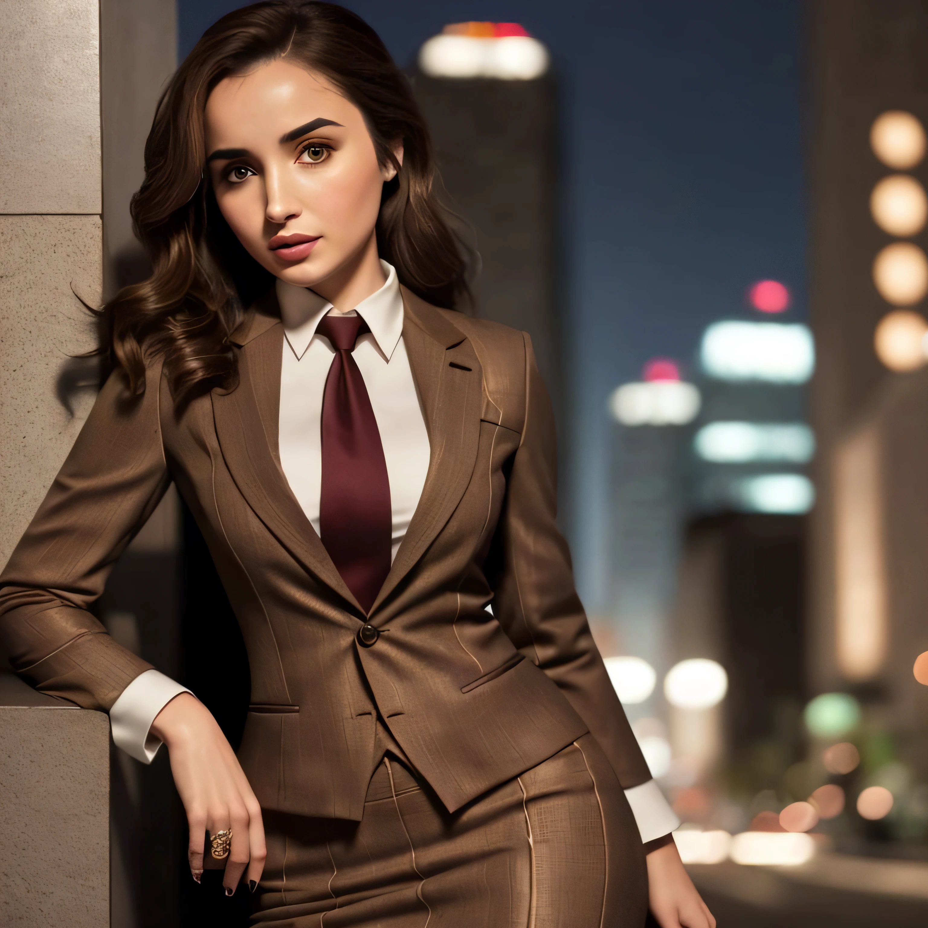 Picture, best quality, a woman in the city at night, photo of beautiful, brown eyes, make up, looking at viewer, perfect face, perfect eyes, sharp focus, Intricate, High Detail, dramatic, photorealistic, skirt suit, (((three piece suit))), blazer, waistcoat, ((necktie)), bodycon skirt, ana de armas