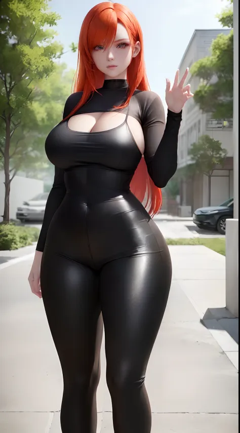 there is a woman with red hair and a black top posing, anya from spy x family, realistic shaded perfect body, leeloo outfit, character is in her natural pose, realistic anime 3 d style, thicc, she has long redorange hair, redhead girl, photorealistic anime...