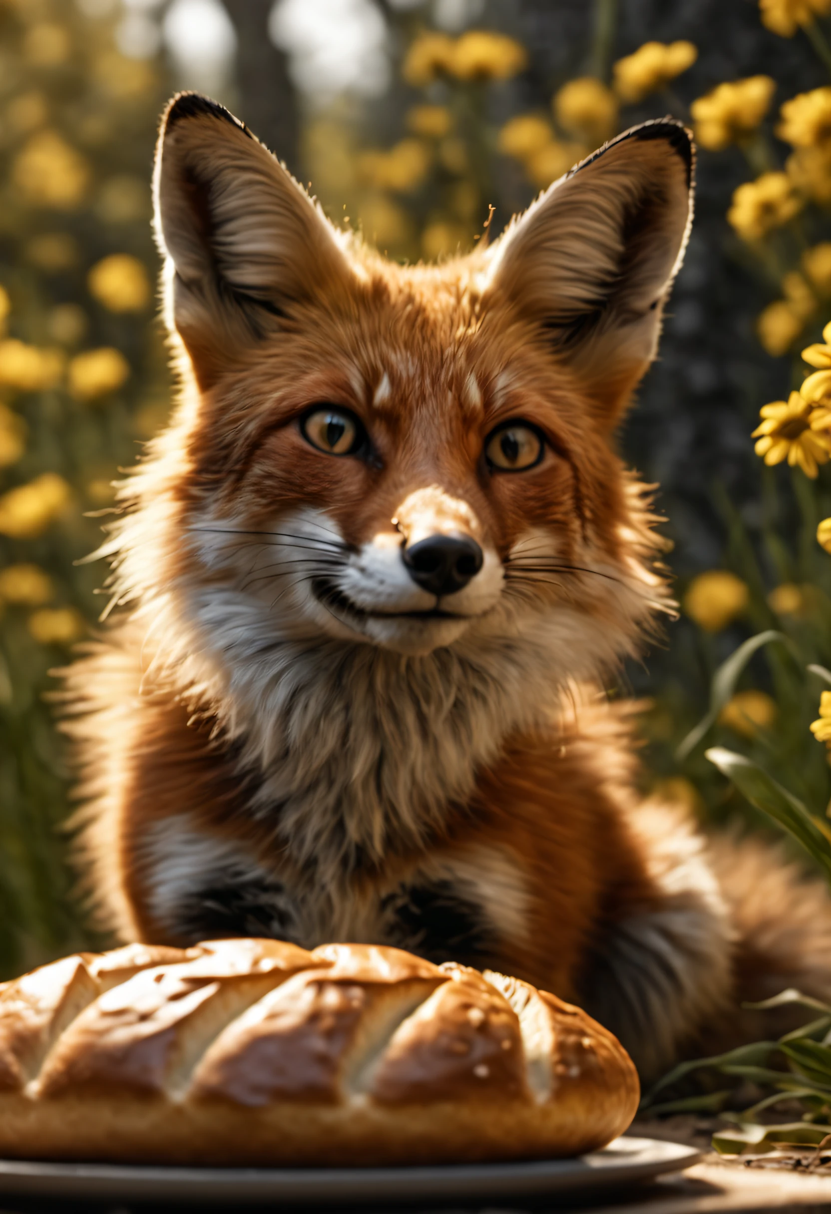 retrato profesional de Yousuf Karsh de una zorra mirando una hogaza de pan. La zorra tiene una expresión perpleja. La hogaza de pan es redonda y se aleja de la zorra. Hay un bosque con bonitas flores en el fondo. Es una tarde de primavera y el tiempo está despejado.. enfoque cinematográfico en la zorra, pose dinámica, fondo dinámico, composición dinámica, iluminación dinámica, proporciones realistas, hdr, trazado de rayos, resolución 8k, ultra realista, Fotorrealista, extremadamente detallado, ultra detallado, detalles intrincados, atmósfera muy detallada, texturas muy detalladas.