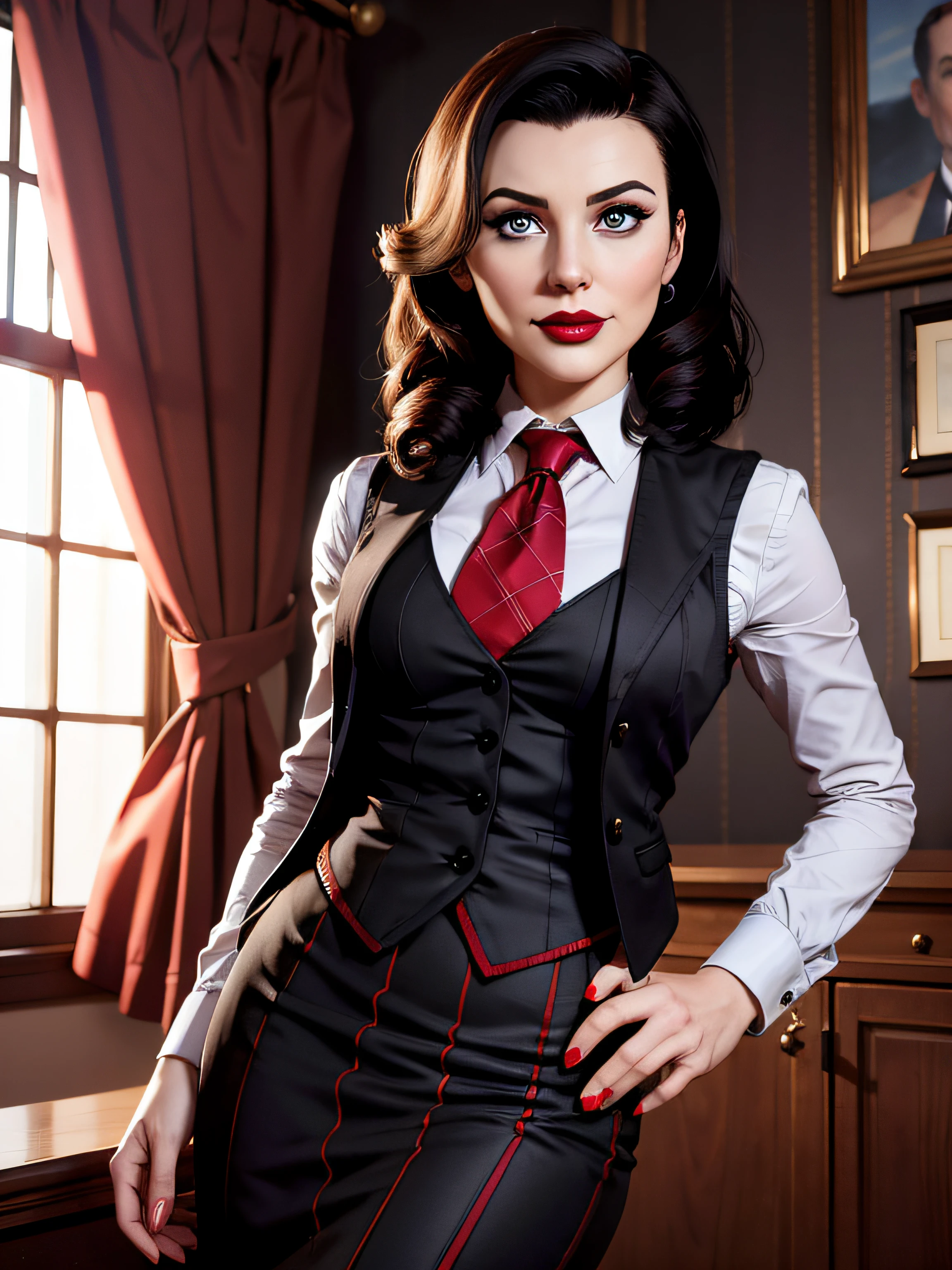 Elizabeth comstock, Portrait, smiling a viewer, (dessous), red lipstick, at detectives office, noire (8k, RAW photo, best quality, masterpiece:1.2),ultra-detailed, (high detailed skin:1.2), 8k uhd, dslr, soft lighting, high quality, pinstripe black suit, skirt suit, (((three-piece suit))), (((blazer))), necktie, (((waistcoat))), bodycon skirt