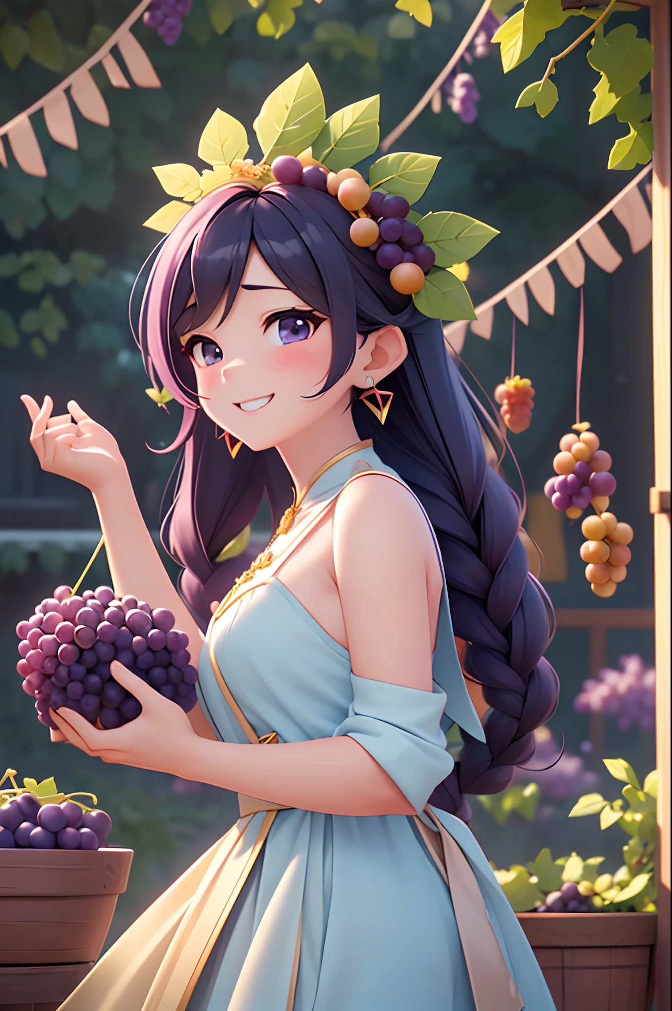 Octane Render、(Hyper-detailing: 1.15)、(Soft light、sharp: 1.2)、morning、Harvesting grapes, Enjoy grape picking、Grabbing grapes hanging from the vine with your hands、Distinctive ethnic hair ornaments、 Fuji Film, F/4.0, masutepiece, Anatomically correct、A smile, radiant light