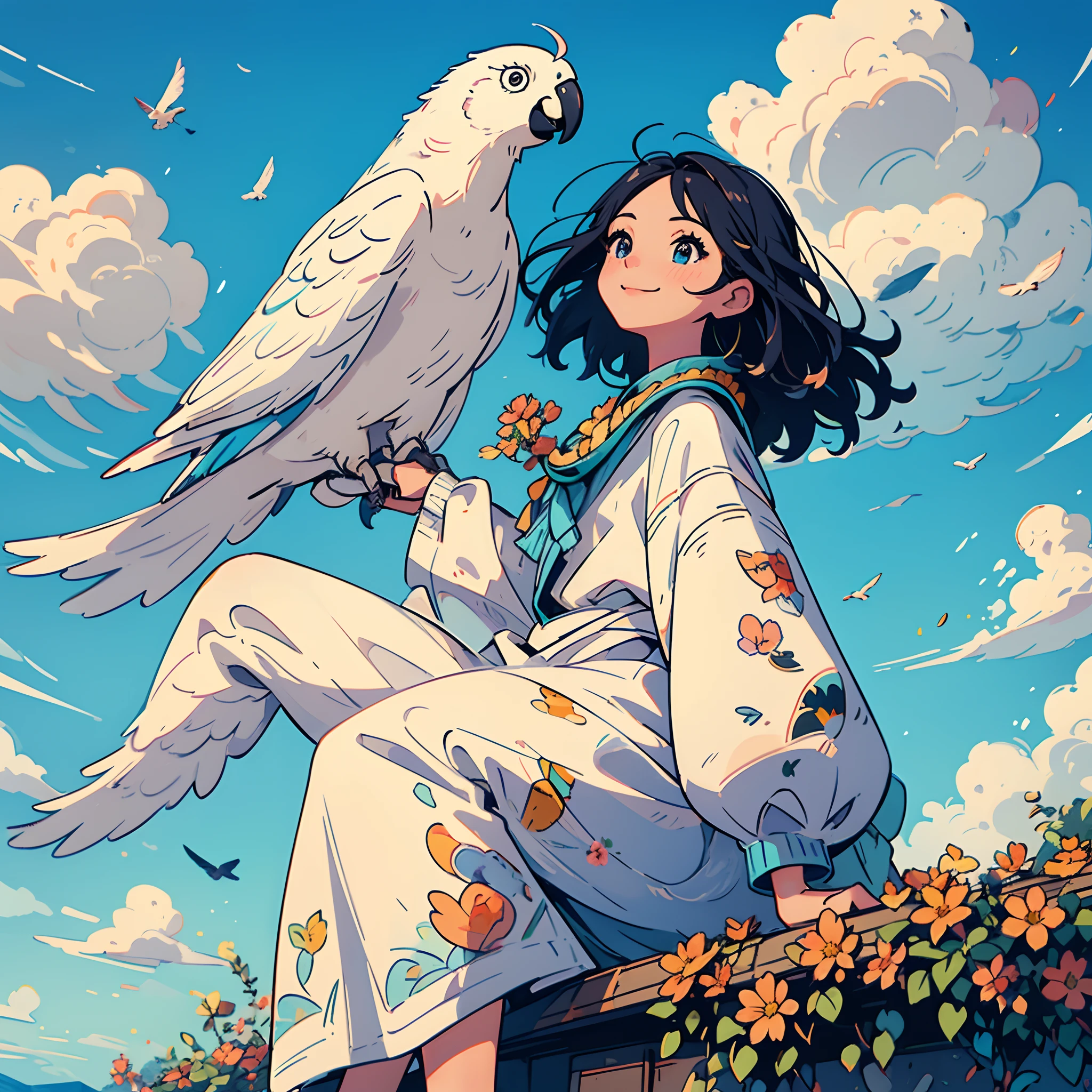 (Best Quality,4K,hight resolution,masutepiece:1.2),Ultra-detailed,Realistic,Beautiful sky,Windy weather,Woman looking up at the sky,(parrot,Cockatoo)Sitting on the side of the girl,Woman with a delicate face,Beautiful detailed eyes,Beautiful detailed lips,long eyelashes,Soft flowing black hair, Vibrant colors,florals々A rich landscape with blooming,fluffy white clouds,Bright blue sky,warm sunlight,Joy and excitement on the girl's face, Cheerful atmosphere,Long-sleeved clothing