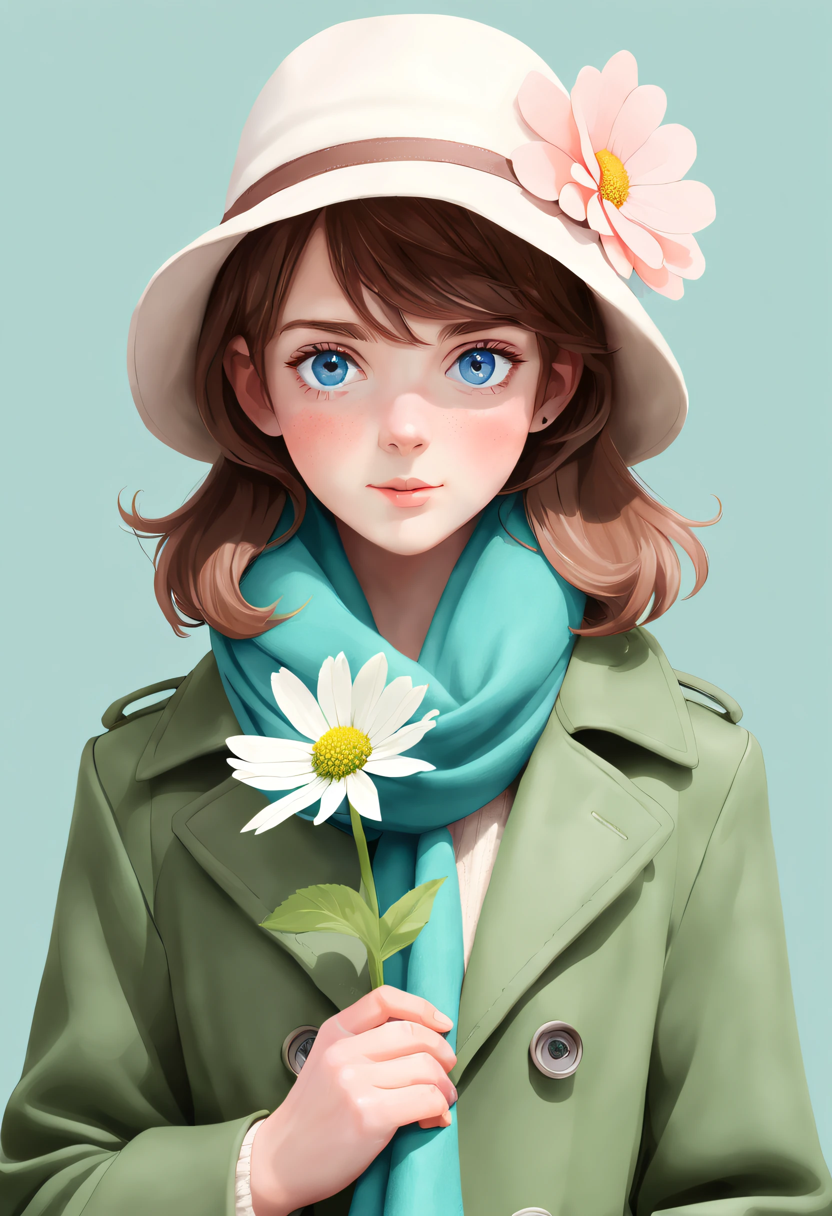 yxycolor,1girll, Solo, flower, green scarf, Scarf, Brown hair, White headwear, Hat, flor branca, Blush, Blue eyes, view the viewer, Upper body, Long sleeves, Holding, Short hair, Coat, Jacket, Simple background, holding flower