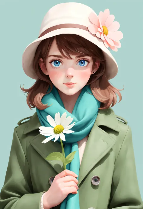 yxycolor,1girll, Solo, flower, green scarf, Scarf, Brown hair, White headwear, Hat, flor branca, Blush, Blue eyes, view the view...