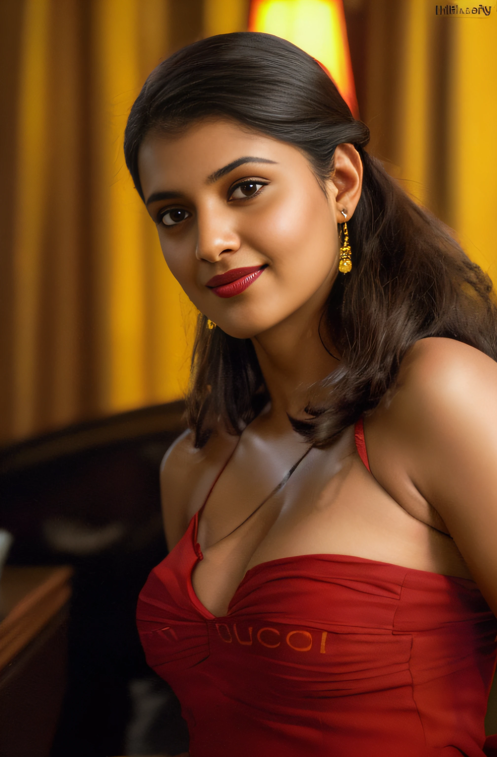 (editorial photograph of a young Indian woman in yellow dress and dark red lips),(((massive breast)))、karla ortiz, (highly detailed face:1.4) (smile:0.7) (backround 5 star hotel , moody, private study:1.3) POV, by lee jeffries, nikon d850, film stock photograph ,4 kodak portra 400 ,camera f1.6 lens ,rich colors ,hyper realistic ,lifelike texture, dramatic lighting , cinestill 800, realistic, wearing Black dobby weave self design fit & flare dress Sweetheart neck Short, puff sleeve Tie-up detail on back Above knee length in flounce hem Attached Lining Chiffon fabric, actress, karla ortiz, posing!!, candid picture, by Max Dauthendey,