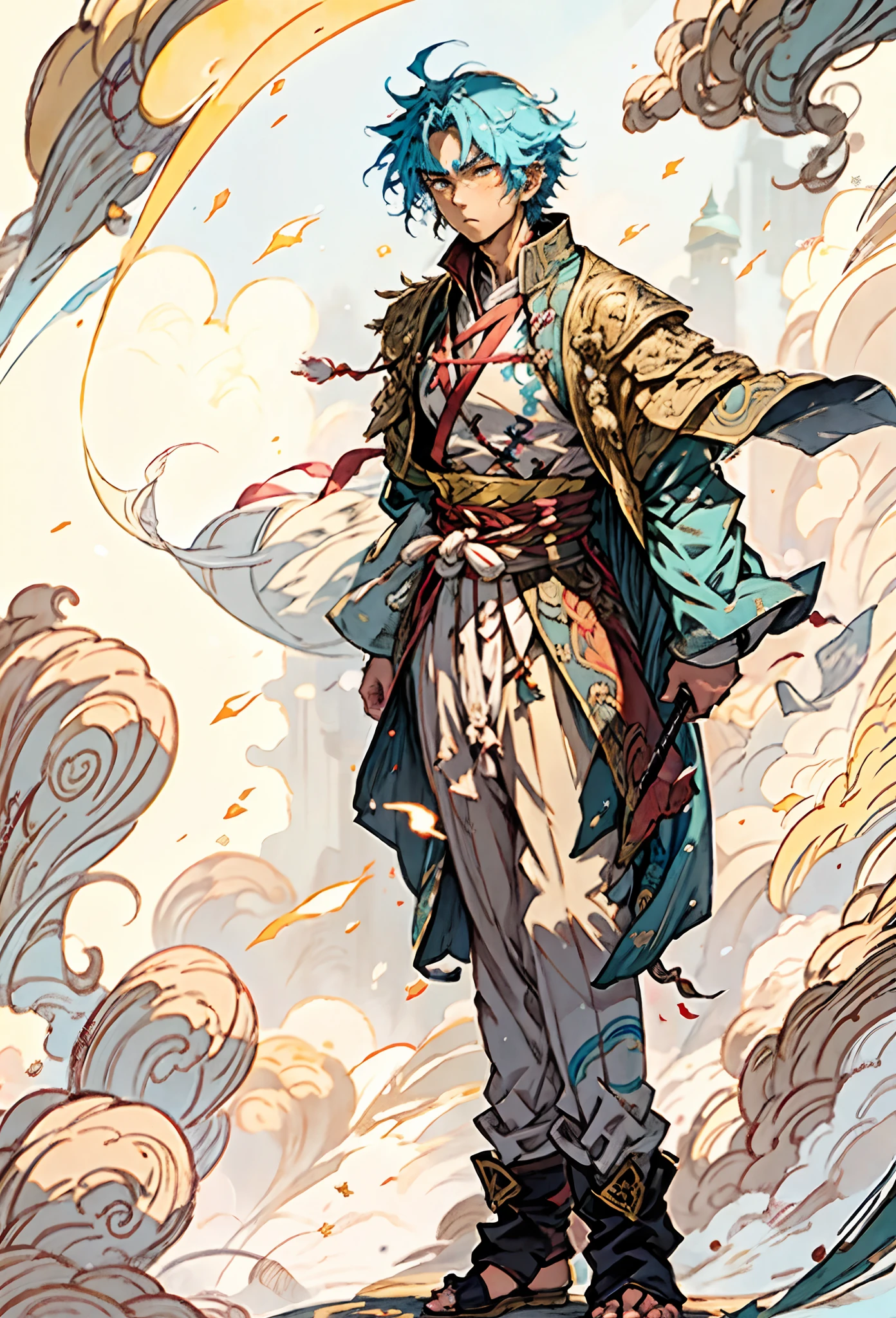 A young man with short aquamarine hair, sharp eyebrows, starry eyes, radiating a righteous aura, a two-piece fantasy wuxia-style outfit, featuring a traditional Chinese martial arts long gown, a wide overcoat, flowing sleeves, the color scheme is mainly red and white, with yellow as secondary colors, matching trousers, sturdy cloth boots, the background depicts a dreamy pattern of geometric symbols and stars, this character embodies a finely crafted fantasy-style Chinese martial hero in anime style, characterized by an exquisite and mature manga illustration art style, full body character drawing, high definition, best quality, highres, ultra-detailed, ultra-fine painting, extremely delicate, professional, anatomically correct, symmetrical face, extremely detailed eyes and face, high quality eyes, creativity, RAW photo, UHD, 8k, Natural light, cinematic lighting, masterpiece:1.5