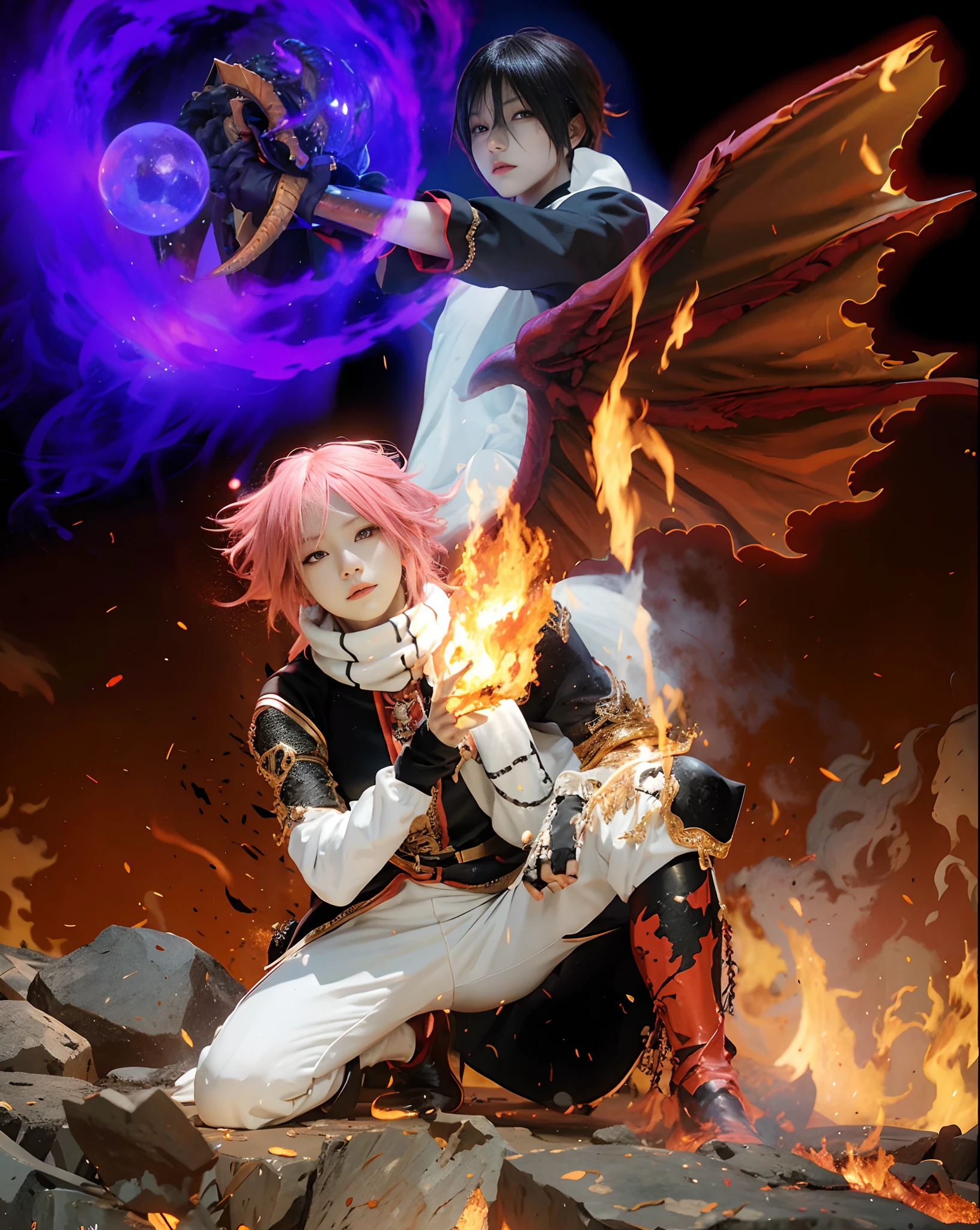 Two anime characters are sitting on a rock with fire - SeaArt AI