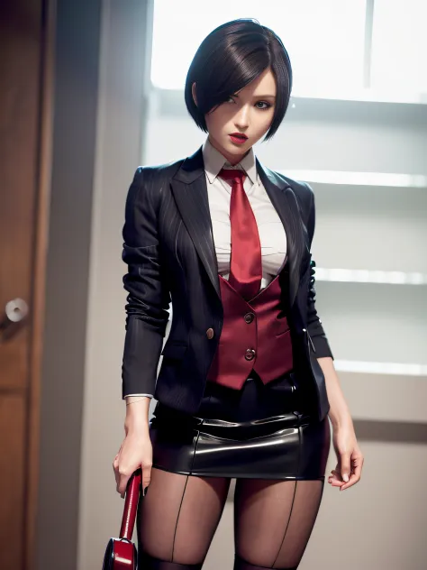 Resident Evil 4, Ada Wong, 1girl, fully clothed, skirt suit, suit and tie, (((three-piece suit))), necktie, ((blazer)), ((suit j...