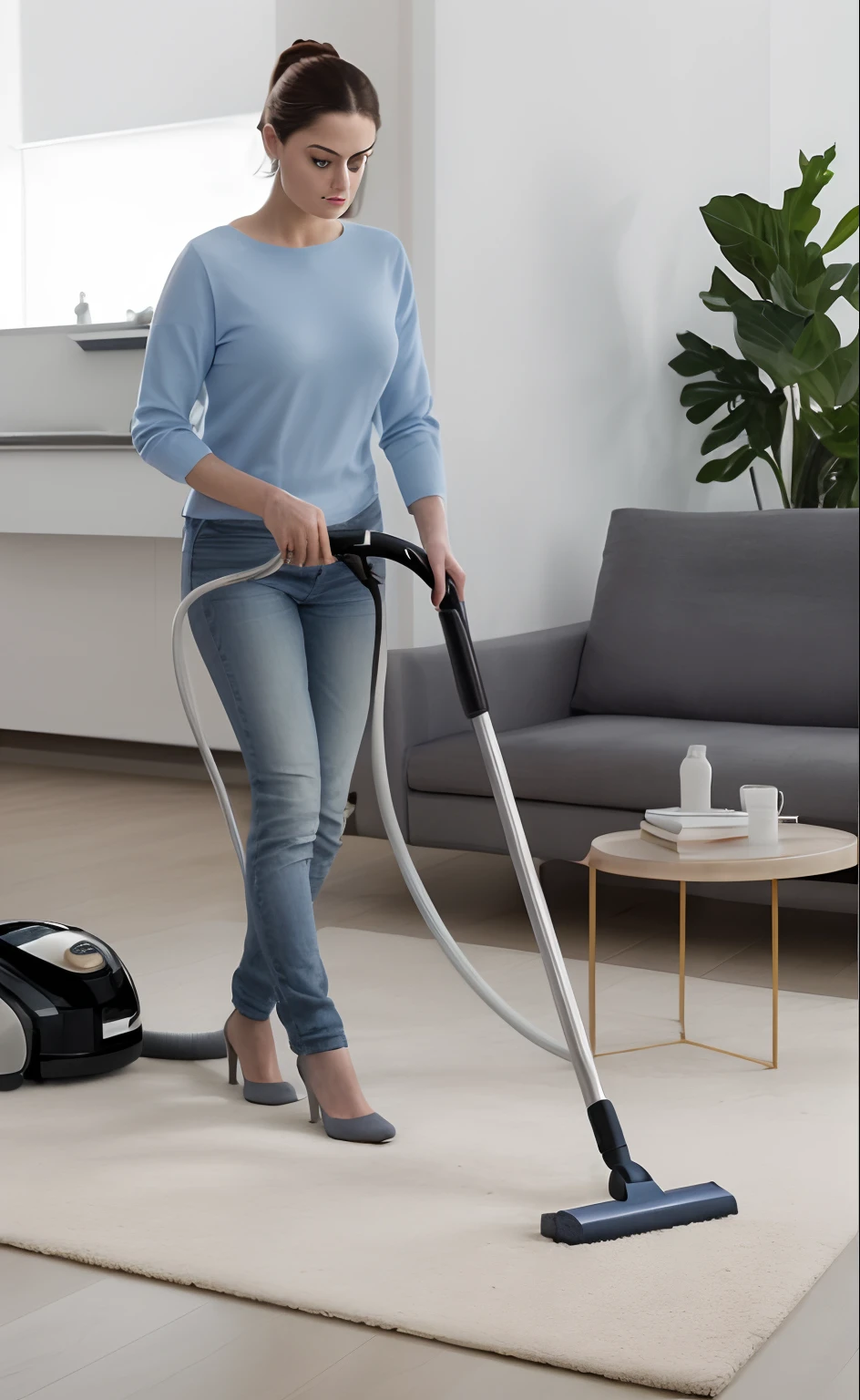 A woman vacuums a carpet, Inspired by the portrait of Bella Sicosi Cesia, smooth clean surfaces, extremely clean, stunning design, vivd details, detalhe poderoso, crisp smooth clean lines, Very, very clean, advertisement picture, brilliant detail, （Hyper-realistic:1.3）