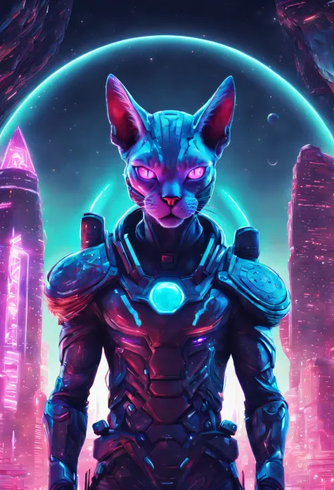 space futuristic style neon futuristic style Digital illustration of dan mumford, Sphinx cat man superhero, beerus, futuristic world, cyberpunk world, full body, dynamic pose, glowing neon tech-wear, cybernetic enhanced, scifi cinematic, ultra detailed, intricate, professional, hyperrealist photorealistic, photographic, realism, 35mm film, dslr, cyberpunk style, cyborg style, Movie Still, Film Still, cyborg style, cyborg . futuristic, high-tech, neon lights, futuristic cities, vibrant, highly detailed . outer space, cosmic, stars, planets, futuristic spacecraft, highly detailed