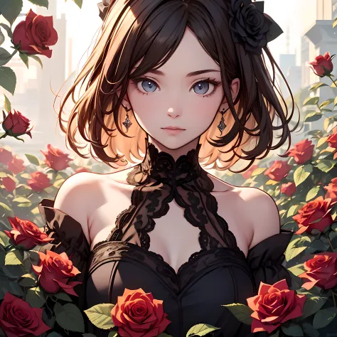A masterpiece, high resolution, a girl with a beautiful face in the center of a large rose, many roses around it, delicate and p...