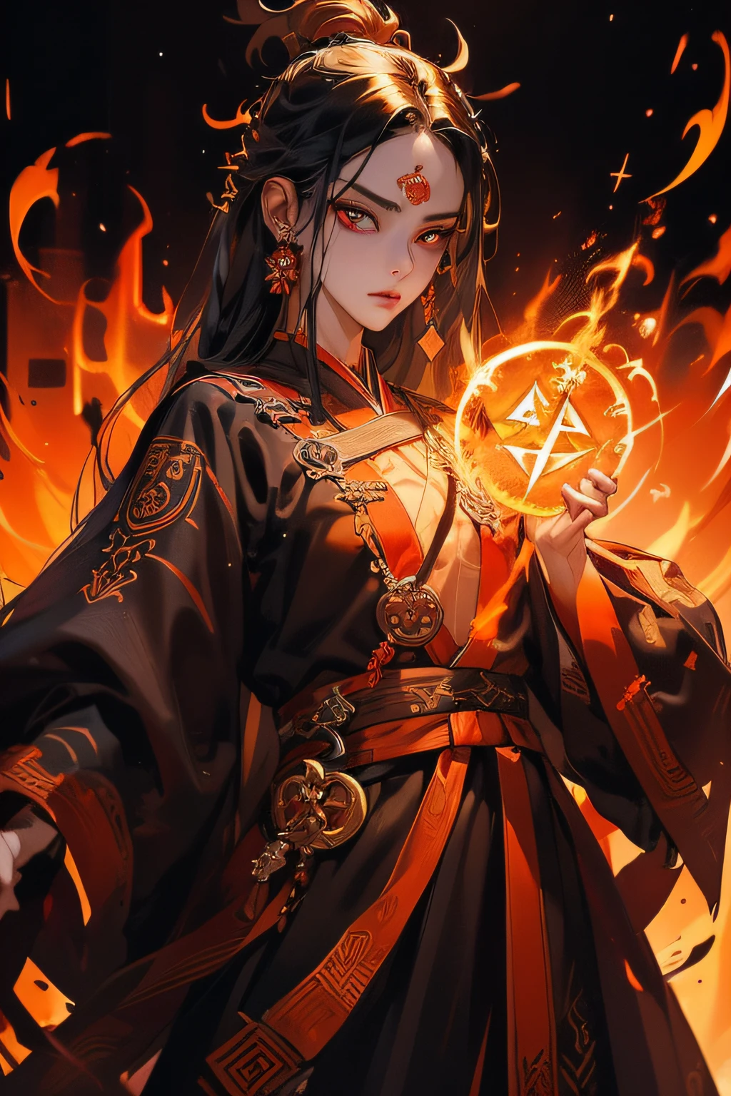 1MALE:1.5) (Handsome MALE:1.5) ((prepareing summoning magical ritual:1.5)) ((Summoning glowing golden magical runes in air:1.3)), (ancient black hanfu witht red ornates), (dark night) (DETAILED BACKGROUND) ((dark sanctuary background with fireflames in ember-braziers:1.3)) (Summoning_Pose:1.5) (Gorgeous hyperdetailed face:1.3) (Detailed perfect symmetrical eyes:1.5) (golden_glowing_eyes:1.5) (Evil_definite_gaze to camera:1.5)