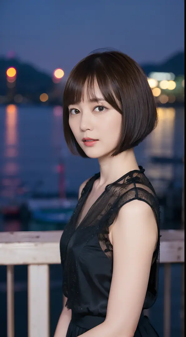 39
(Shorthair:1.23), (a 25yo woman), (A hyper-realistic), (Masterpiece), (8KUHD), Being in the harbor at night