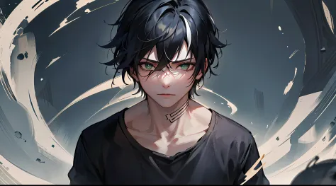 anime, boy, a young male with striking features. He has messy black hair and a prominent white streak that runs through his hair...