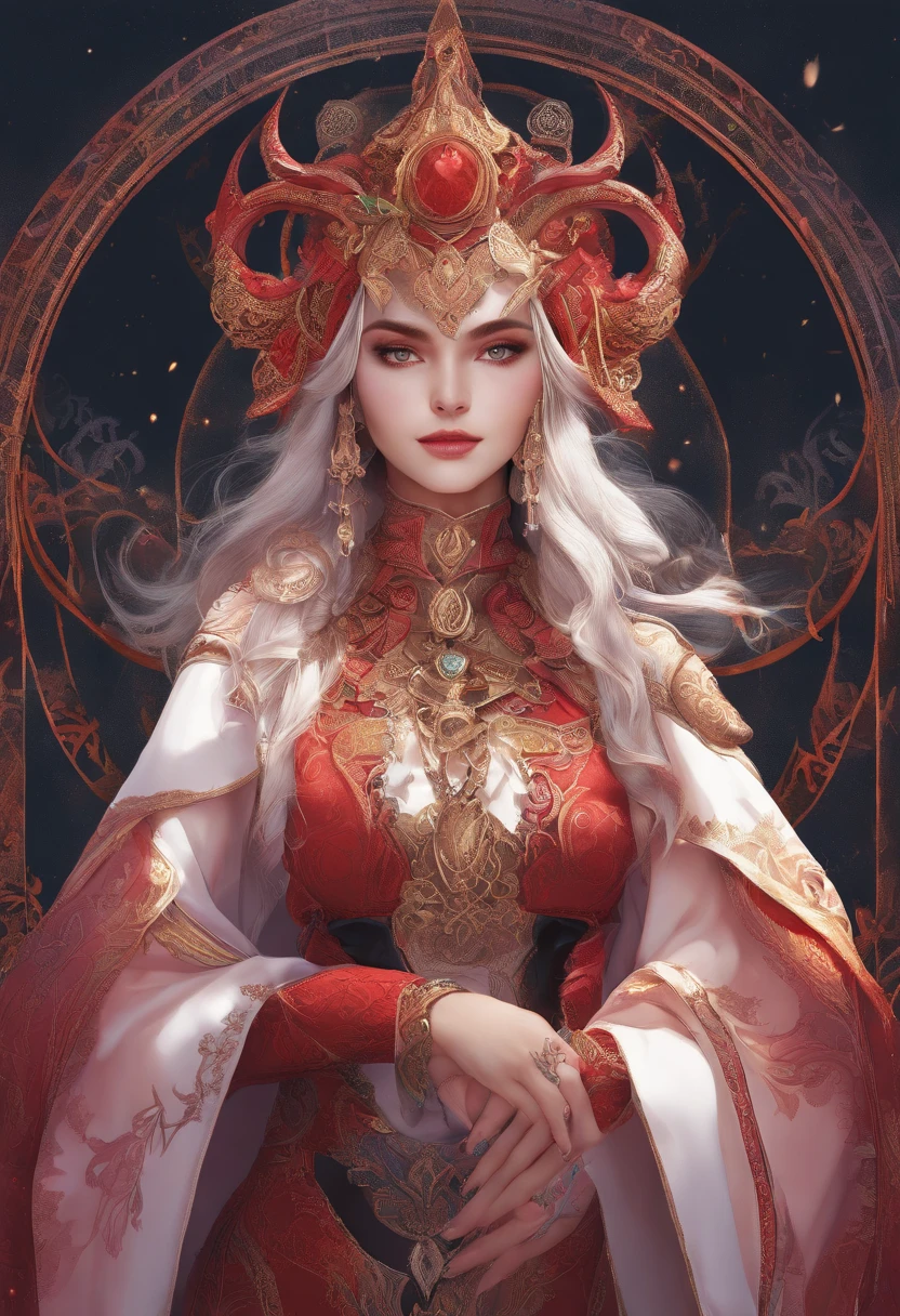 (best quality,4k,8k,highres,masterpiece:1.2),ultra-detailed,(realistic,photorealistic,photo-realistic:1.37),detailed digital fantasy art,portrait of red skin young female tiefling,dnd,holding magic staff,solid black eyes,red skin,black ram twisted horns,white hair,pink wizard's coat,wide pole witch hat,fine texture details,elaborate facial features,golden embroidery,subtle shading,magical aura,enhanced contrast,fiery background,dramatic lighting,fantasy atmosphere,dynamic pose,captivating expression,sharp focus,rich colors,beautifully rendered,riveting composition,majestic presence,exquisite craftsmanship,impressive attention to detail,mesmerizing gaze,otherworldly charm,compelling storytelling,magic-infused environment,immersive fantasy world,skillful brushwork