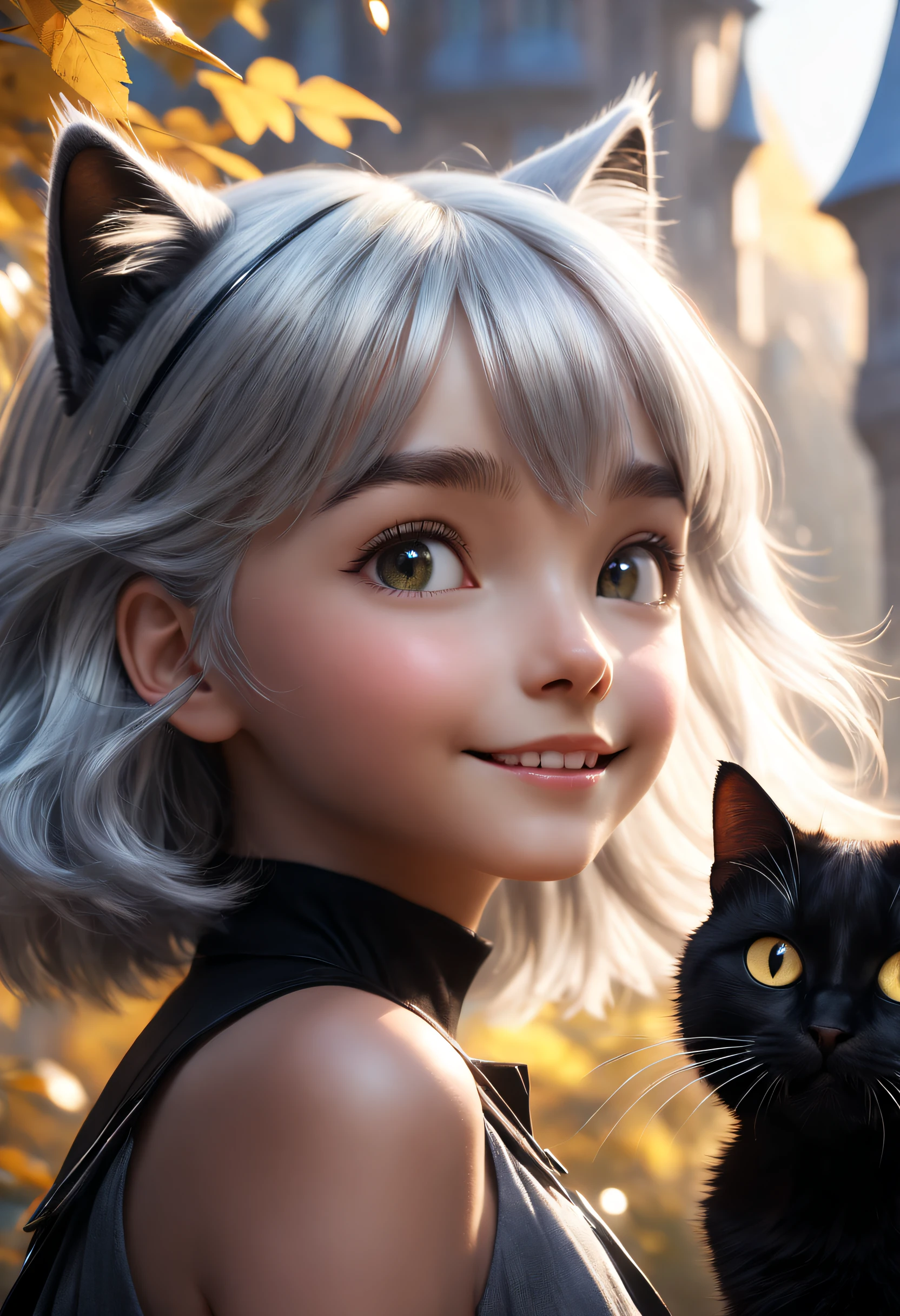 beautiful 8k uhd professional photograph, sharp focus, In a stunning fantasy world, a cute silver-haired girl and a mysterious 1giant black cat, beaming with joy, in bright natural light