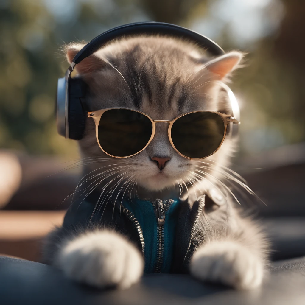 Perfect centering, Cute little cat, Wear a jacket, Wearing sunglasses, Wearing headphones, cheerfulness, Standing position, Abstract beauty, Centered, Looking at the camera, Facing the camera, Approaching perfection, Dynamic, Highly detailed, Smooth, Sharp Focus, 8K