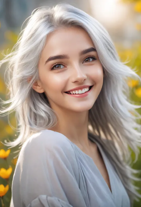 Beautiful 8K Ultra HD professional photos, Sharp focus, In a stunning fantasy world, Cute silver-haired girl, A joyful smile, In bright natural light