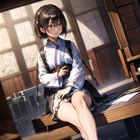 girl with, (((length hair))), sitting on, sideshot, (skysky:1.3), (​masterpiece, top-quality, near and far law, depth of fields:...