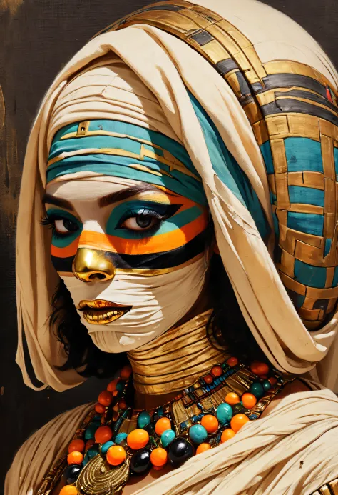 a colorful painting of a (woman wearing a mummy halloween outfit:1.3), extreme close-up, halloween theme aesthetics, embalming l...