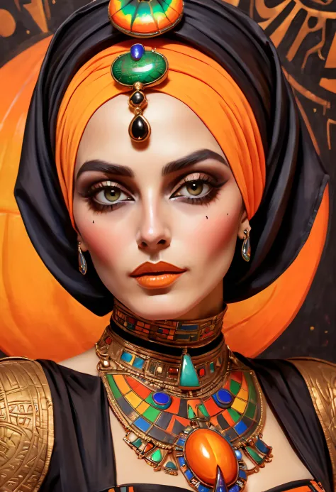 A colorful painting (Woman in Halloween mom costume:1.3), Extreme close-up, Halloween-themed aesthetics, Antiseptic linen, hijabi sluty, Egyptian scarab brooch, Ancient Egypt, Nikolai Samori's style