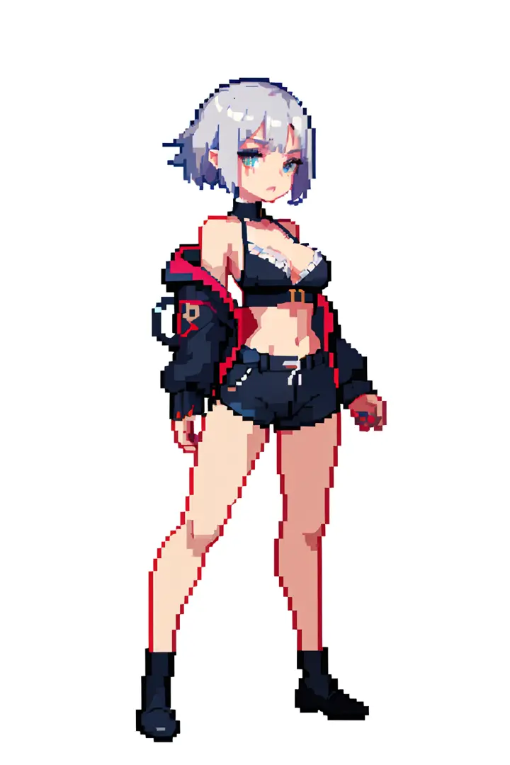 (masterpiece, top quality, best quality, less detail, 8-bit color, pixel,pixel art, 1girl),full body,attack pose, US style, poor jacket, game asset, silver hair, vampire element, bra on top, short pant
