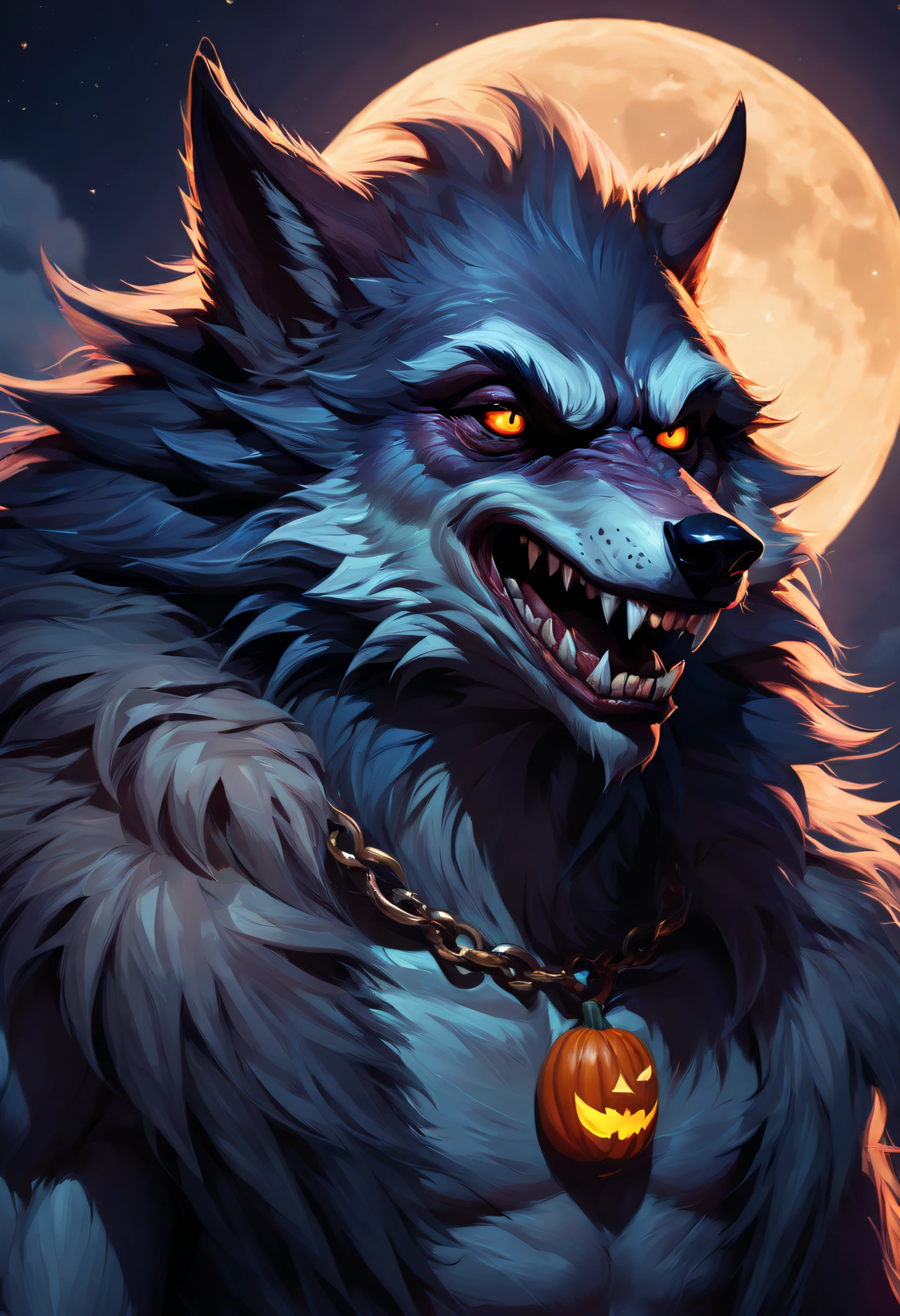 A close up of a wolf with a pumpkin on its neck - SeaArt AI