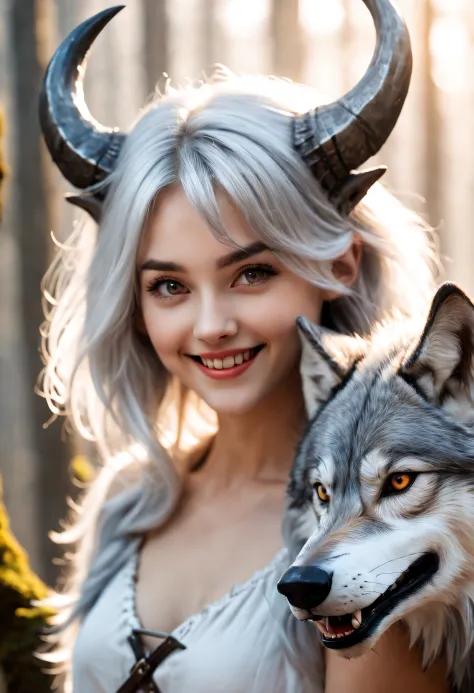 Beautiful 8K Ultra HD professional photos, Sharp focus, In a stunning fantasy world, A cute silver-haired girl，There are real demon horns and a mysterious 1 giant wolf, A joyful smile, In bright natural light