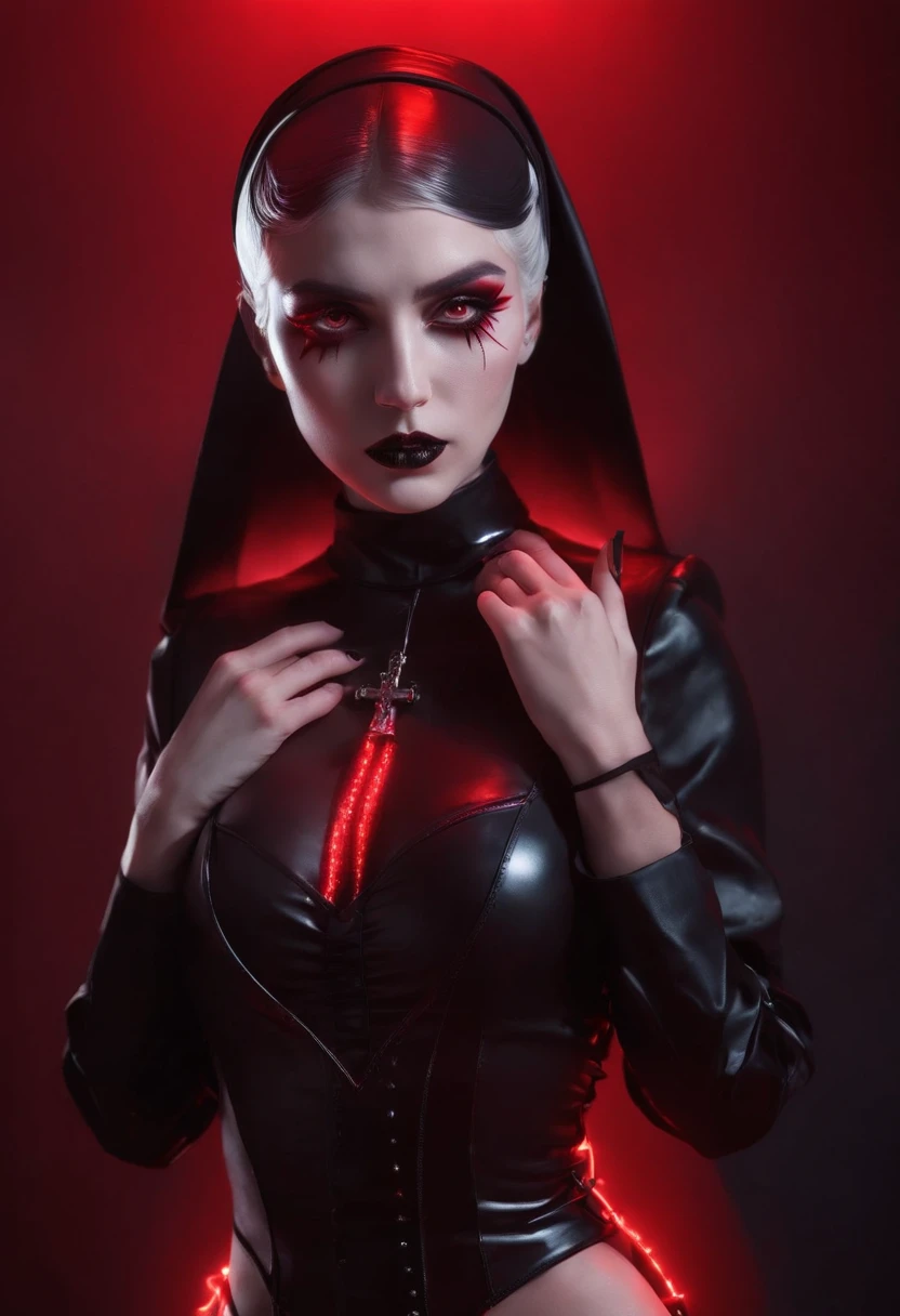 Sexy demon nun dressed in latex lingerie posing for a photo, red neon lights, red background, darksynth aesthetic, fetish fashion aesthetic, perfect body, sexy nun, demon woman, gothic fashion, goth aesthetic, vampire aesthetic.