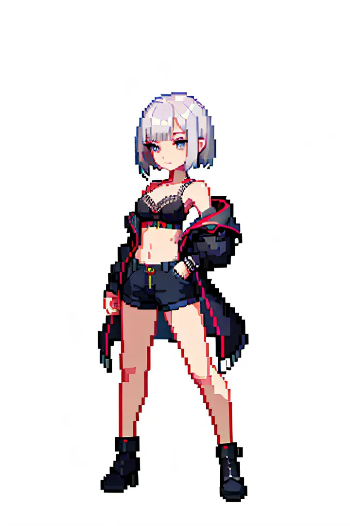(masterpiece, top quality, best quality, less detail, 8-bit color), pixel,pixel art, 1girl,full body,standing pose, US style, poor jacket, game asset, silver hair, vampire element, bra on top, short pant
