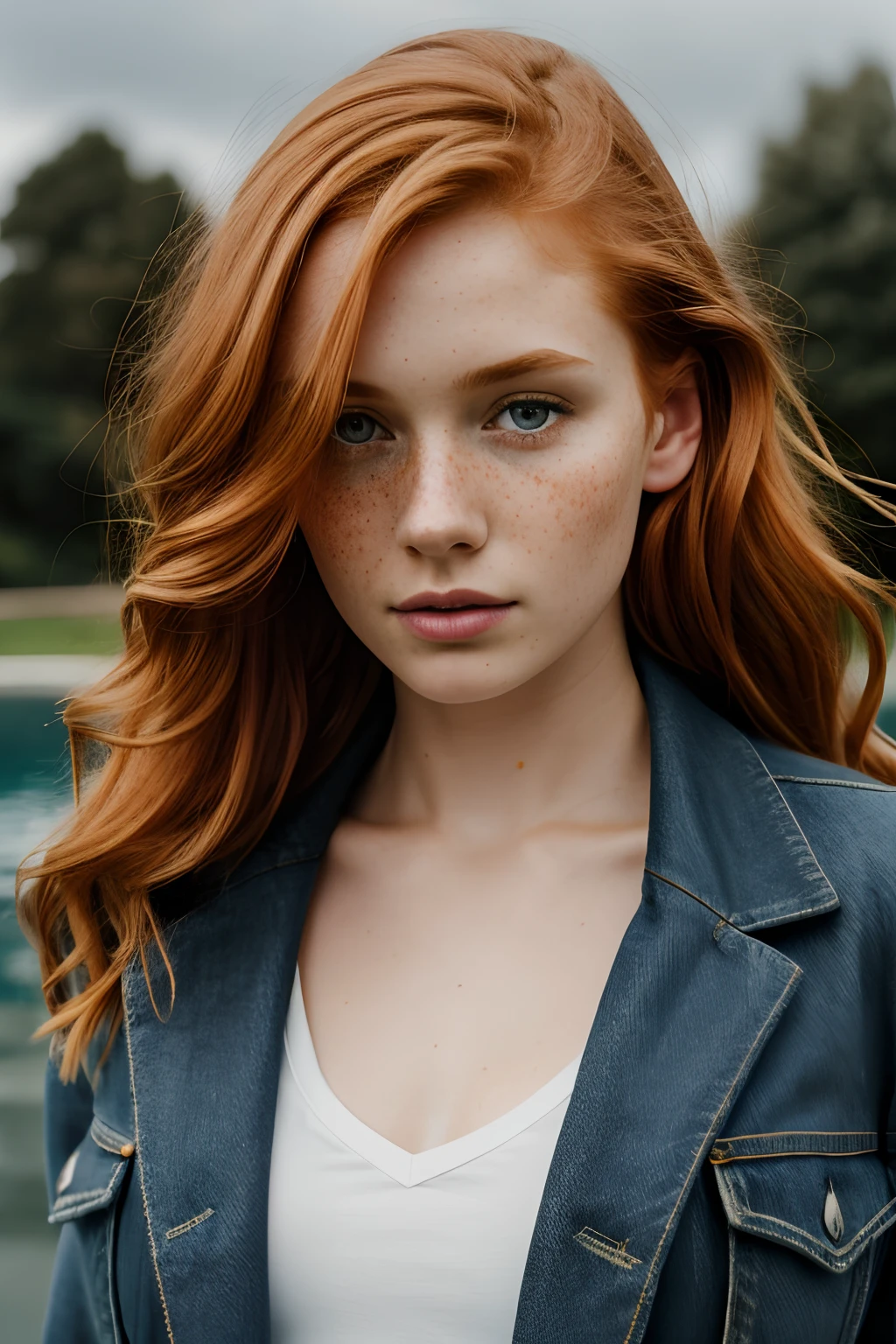 1girl in, age19, Solo, Aesthetic artwork, irish  redhead, wavy ginger hair, shoulder length ginger hair, (gray eyes), light grey eyes, some small freckles, pale skin, A-cup, small breasts, runners body, detailed skin texture, in a city park, standing by a fountain, close up, looking at viewer, (extremely detailed 8k wallpaper), soft lighting, high quality, film grain, Fujifilm XT3 sharp focus, f 5.6, 50mm, High Detail, Sharp focus,(natural light), (wearing a navy blue khaki jacket), khaki jacket, (wearing faded blue jeans), crazy details, complex details, hyper detailed