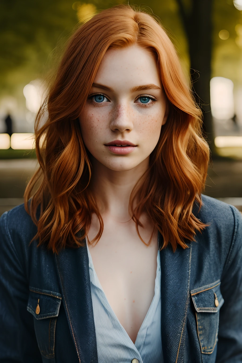 1girl in, age19, Solo, Aesthetic artwork, irish  redhead, wavy ginger hair, shoulder length ginger hair, (gray eyes), light grey eyes, some small freckles, pale skin, A-cup, small breasts, runners body, detailed skin texture, in a city park, standing by a fountain, close up, looking at viewer, (extremely detailed 8k wallpaper), soft lighting, high quality, film grain, Fujifilm XT3 sharp focus, f 5.6, 50mm, High Detail, Sharp focus,(natural light), (wearing a navy blue khaki jacket), khaki jacket, (wearing faded blue jeans), crazy details, complex details, hyper detailed