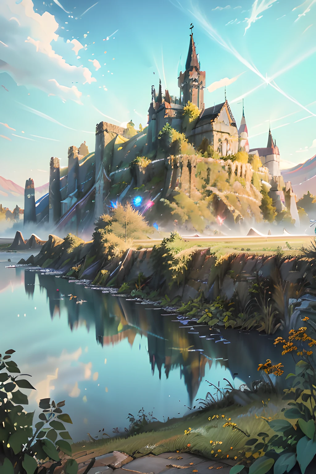 Illustration im Artstation-Stil, dunkle Fantasy-Landschaft, Blütenblätter, See, Hecke im Hintergrund, Reflexionen, Ruinen, beste Qualität, Meisterwerk, Linsenreflexion , Hoher Kontrast, gesättigte Farben, Stilvoll， Ein majestätischer Blick auf ein Märchenschloss, umgeben von üppigen grünen Feldern und einem strahlend blauen Himmel --v 6