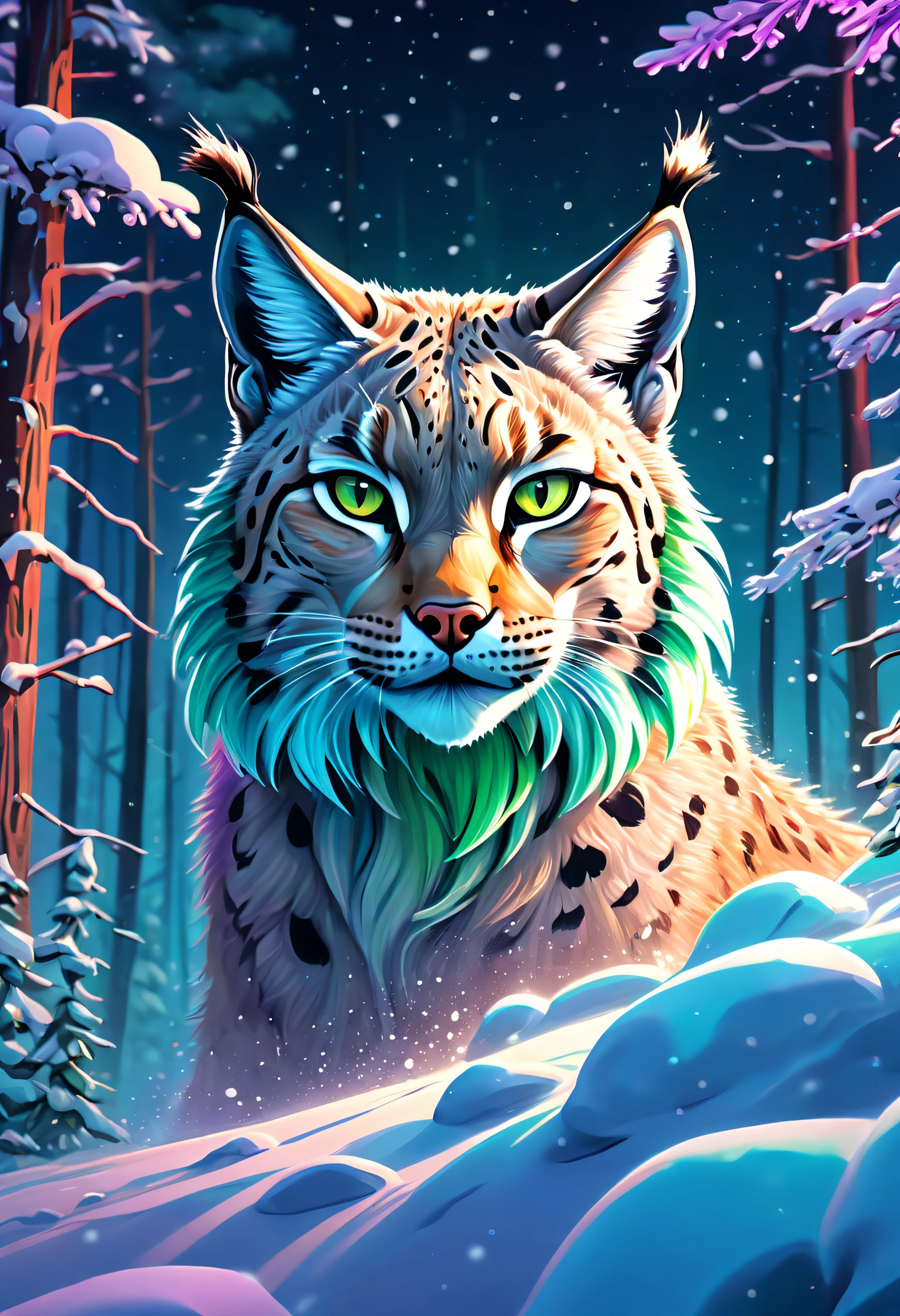 Dream illustration, fairytale-like, Oil painting, 8K, HD, A huge lynx roared, Background, Beautiful snow-capped forest, Floating snowflakes, Blizzarding, HD, Golden, Light cyan, Light blue-green, carmine, light violet, Moonrise colors, Illuminated atmosphere at night (Digital drawing:1.2), Comic style, ToonYou Style, Illustrative funk, Counterwave graffiti, Perspective view, Extreme Face Close-Up, tee shirt graphic, Ultra HD, Realistic, Vivid colors, Highly detailed, Ultra HD drawing, pen and ink, Perfectcomposition, beautiful detailed intricate insanely detailed octane render trending on artstation, 8K Art Photography, Arte conceptual fotorrealista, soft natural volumetric cinematic perfect light