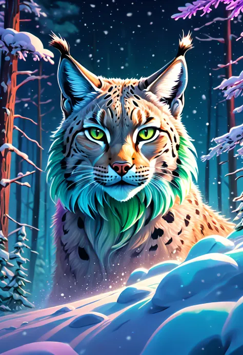 Dream illustration, fairytale-like, Oil painting, 8K, HD, A huge lynx roared, Background, Beautiful snow-capped forest, Floating...