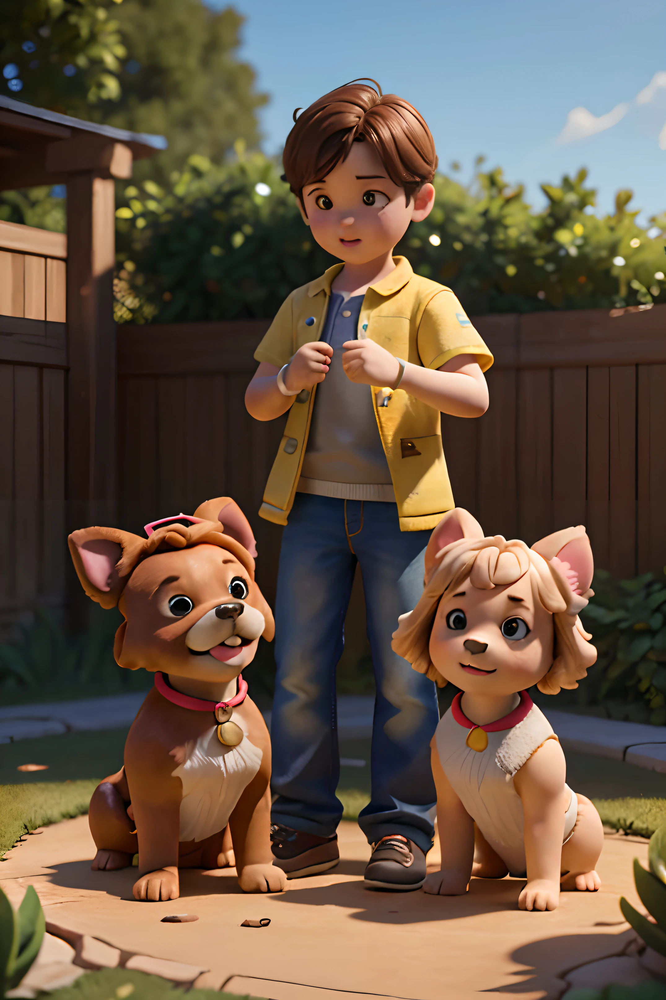 2boys 2girls siblings  backyard with dogs posing bright sunny day
(masterpiece:1.2) (photorealistic:1.2) (bokeh) (best quality) (detailed skin:1.3) (intricate details) (8k) (high poly) (ray tracing) (claymation) (cinematic lighting) (sharp focus)