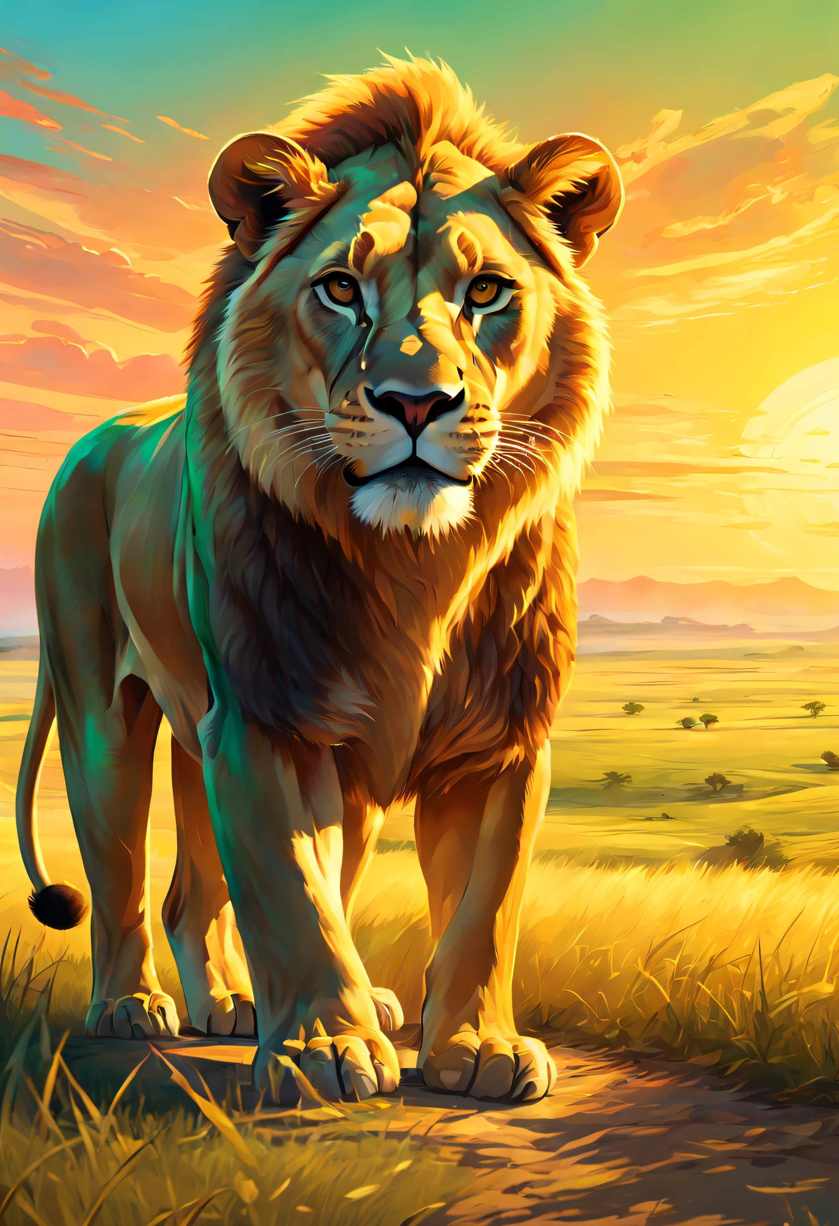 Dream illustration, fairytale-like, Oil painting, 8K，k hd, A large lioness roared, Background, Beautiful steppe plains, HD, Golden, Light yellow, Light blue-green, carmine, verde claro, sunrise colors, Golden glow atmosphere (Digital drawing:1.2), Comic style, ToonYou Style, Illustrative funk, Counterwave graffiti, Perspective view, Extreme Face Close-Up, tee shirt graphic, Ultra HD, Realistic, Vivid colors, Highly detailed, Ultra HD drawing, pen and ink, Perfectcomposition, beautiful detailed intricate insanely detailed octane render trending on artstation, 8K art photography, Arte conceptual fotorrealista, soft natural volumetric cinematic perfect light