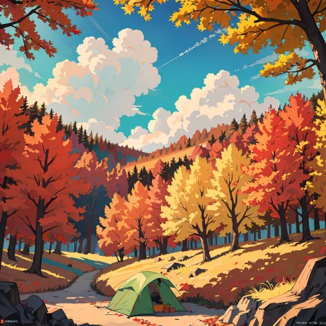 autumn forest with colorful trees, morning, sky with full clouds, camping, vibe, (обои unified 8k), hd quality, detailed.