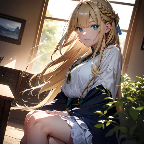 girl with, (((length hair))), sitting on, sideshot, (skysky:1.3), (​masterpiece, top-quality, near and far law, depth of fields:...