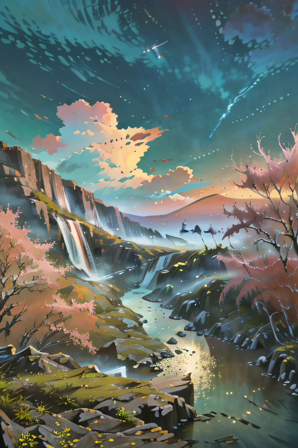 Envision a mesmerizing scene of a romantic realm of vibrant dreams. The environment is filled with intricate floating islands, fluffy clouds, waterfalls cascading from the floating islands, and a vibrant, surreal atmosphere. The atmosphere is filled with a sense of wonder and tranquility. Include many shades of pink in the image along with other vibrant jewel-toned hues. This scene will be depicted in an anime-style illustration, with soft lines, pastel colors, and a whimsical touch. All buildings are extremely detailed and elegant. The artwork will capture the ethereal beauty and tranquility of the dreamlike realm, creating a sense of harmony and escape from the ordinary world. Include teal water, colorful watercolor skies, glowing elements, and many small fantasy details including iridescence, expertly created majestic landscapes, and shimmer and glimmer. Above all else, this should look like a fantasy artwork.