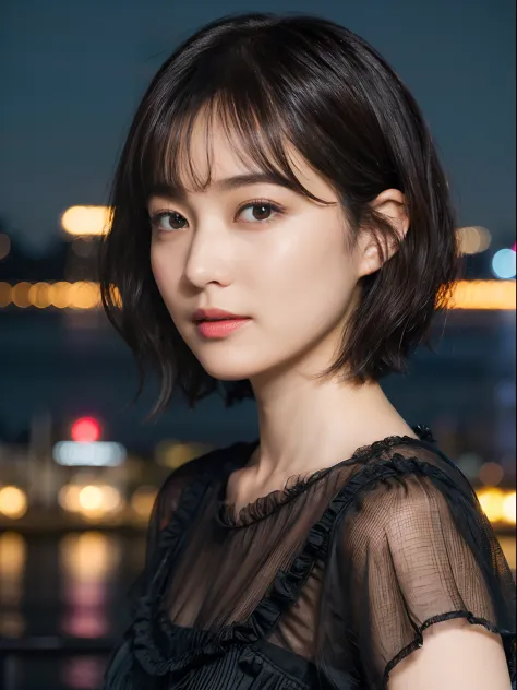 40
(Airy wavy short bob cut:1.23), (a 25yo woman), (A hyper-realistic), (Masterpiece), (8KUHD), Being in the harbor at night