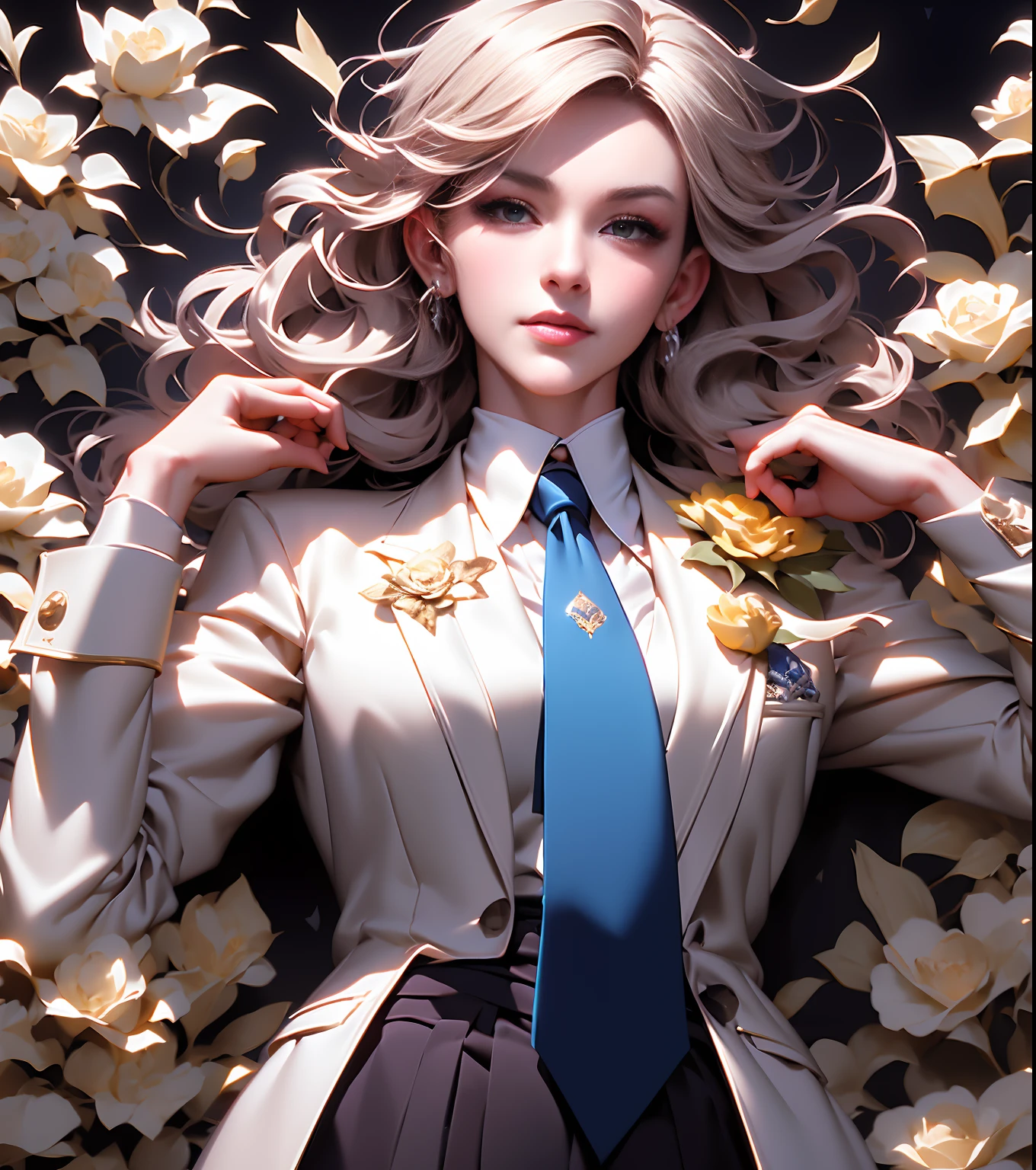 anime - style image of a woman in a white suit and blue tie, by Yang J, delicate androgynous princecess, beautiful androgynous princecess, artwork in the style of guweiz, guweiz on pixiv artstation, trending on artstation pixiv, guweiz on artstation pixiv, zerochan art, kawacy,masterpiece, best quality, (extremely detailed CG unity 8k wallpaper), (best quality), (best illustration), (best shadow), absurdres, realistic lighting, (Abyss), beautiful detailed glowmasterpiece, best quality, (extremely detailed CG unity 8k wallpaper), (best quality), (best illustration), (best shadow), absurdres, realistic lighting, (Abyss), beautiful detailed glow