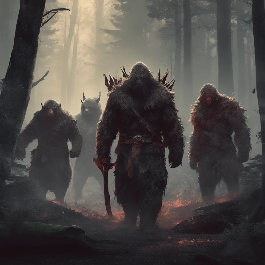 berserkers wearing bear skins in a forest. Mysterious and mystical atmosphere.