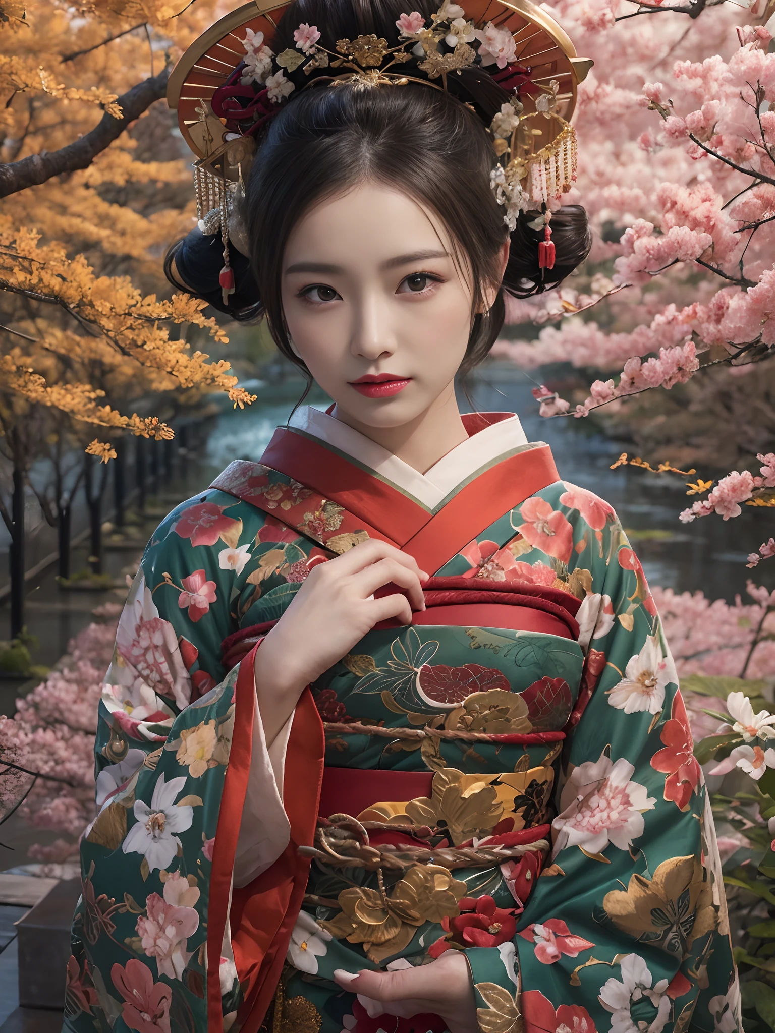 In a futuristic scene, Geisha in Japan with mechanical reinforcement、Elegant in elaborate gardens. She has beautifully detailed eyes and lips that complement her face. Geishas wear traditional kimonos with intricate patterns and designs. Around her are bright cherry trees and a quiet carp pond. The scene is painted with a blend of illustration and photorealism, Ultra-detailed brush strokes and clarity, Vivid colors. Lighting emphasizes the elegant features of the geisha, Gives her porcelain skin a soft glow. Artwork is of the highest quality, 4K or 8K resolution, Showcase the intricate details of geisha attire, cherry trees, And the shimmering scales of carp. The overall color scheme is、It is a combination of traditional shades of Japan, Crimson, etc., blacks, and subtle gold accents, With a futuristic twist. The fusion of ancient traditions and modern technology is、Create captivating and visually striking masterpieces.shoulders are exposed, Chest is visible、You can see the valley、are visible、Shoulders exposed、Chest revealed