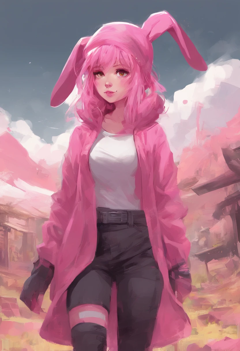 A painting of a woman in a pink bunny suit standing in a field - SeaArt AI