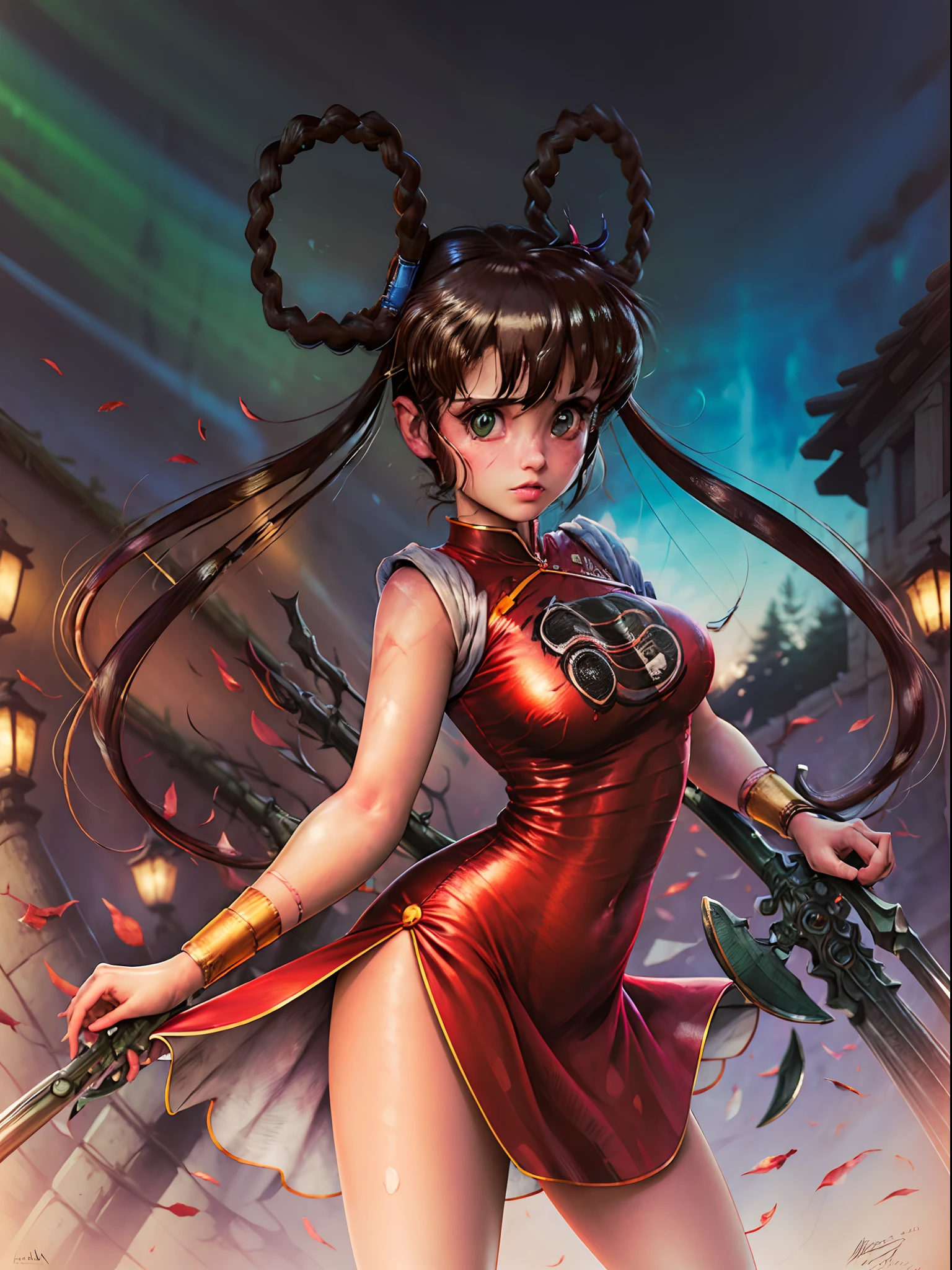 (LoRA:PreventExtraLimbs:1.0), (masterpiece:1.4), (best qualit:1.4), (high resolution:1.4), mamonohunter girl,1girl,solo,green eyes,long hair,twintails,brown hair,sleeveless,red china dress,bracelet,bangs