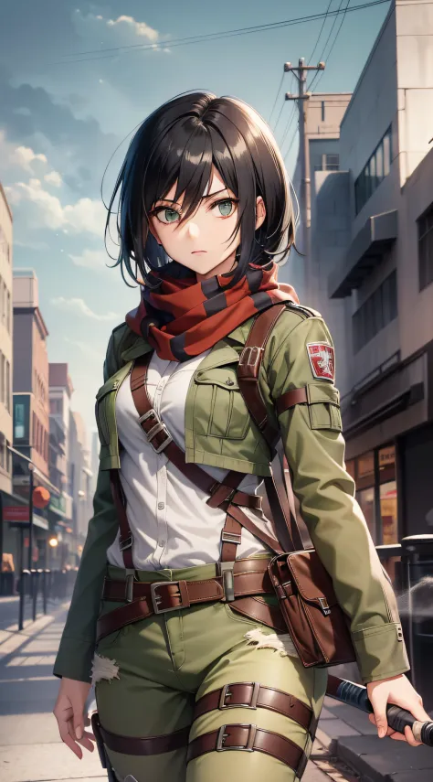 aot style, shingeki no kyojin,

mikasa ackerman,

1girl, arm strap, bangs, black hair, black pants, breasts, cowboy shot, embers...