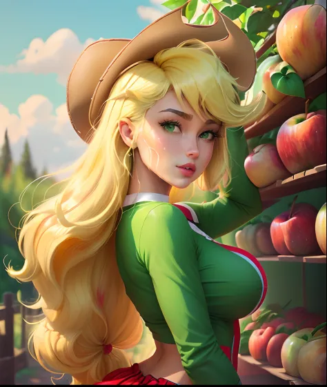 Apple Jack, Apple Jack from my Little Pony, Apple Jack in the form of a girl, long hair, voluminous breasts, very large breasts,...